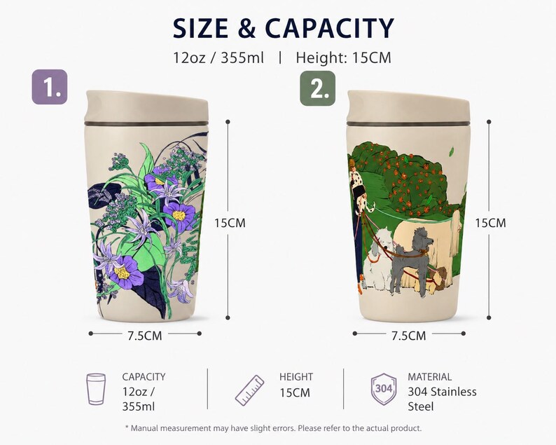 May include: Two beige stainless steel tumblers with lids, each 15 cm tall and 7.5 cm wide with a 12 oz capacity. One tumbler features a purple and green floral print, while the other displays a graphic of a person walking three dogs in a park.