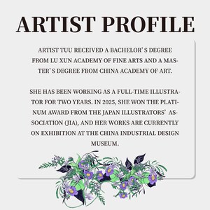 May include: An artist profile card with the heading ARTIST PROFILE. The text details the academic background of Artist Tuu, including degrees from Lu Xun Academy of Fine Arts and China Academy of Art, and mentions a 2025 Platinum Award from the JIA.