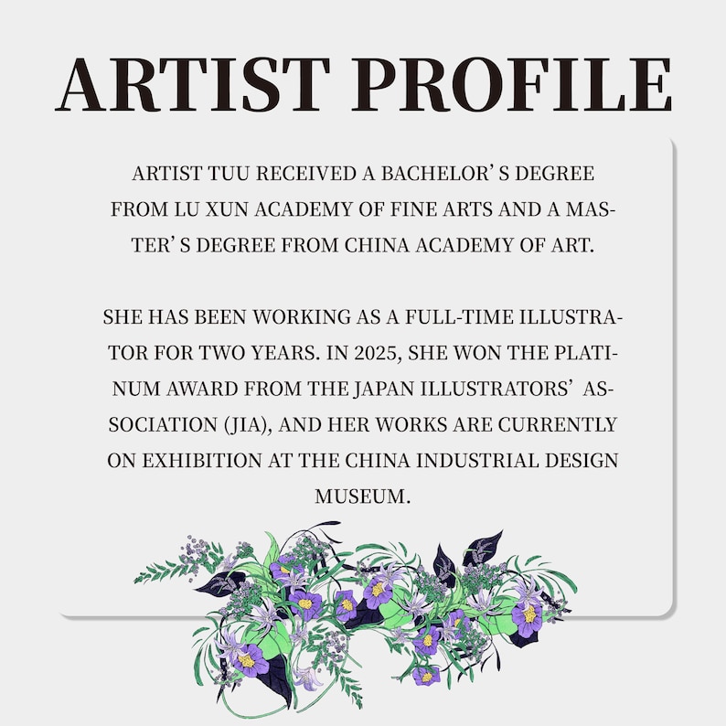 May include: An artist profile card with the heading ARTIST PROFILE. The text details the academic background of Artist Tuu, including degrees from Lu Xun Academy of Fine Arts and China Academy of Art, and mentions a 2025 Platinum Award from the JIA.