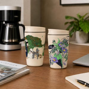 May include: Two off-white travel mugs with dark rims. The left mug features a person walking two dogs in a green park setting. The right mug displays a vibrant botanical illustration of purple flowers and green leaves against the cream background.