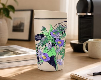 Tuu Artist Illustration Tumbler, 12oz SmoothSip Slider Coffee Cup, Botanical Stainless Steel Gift