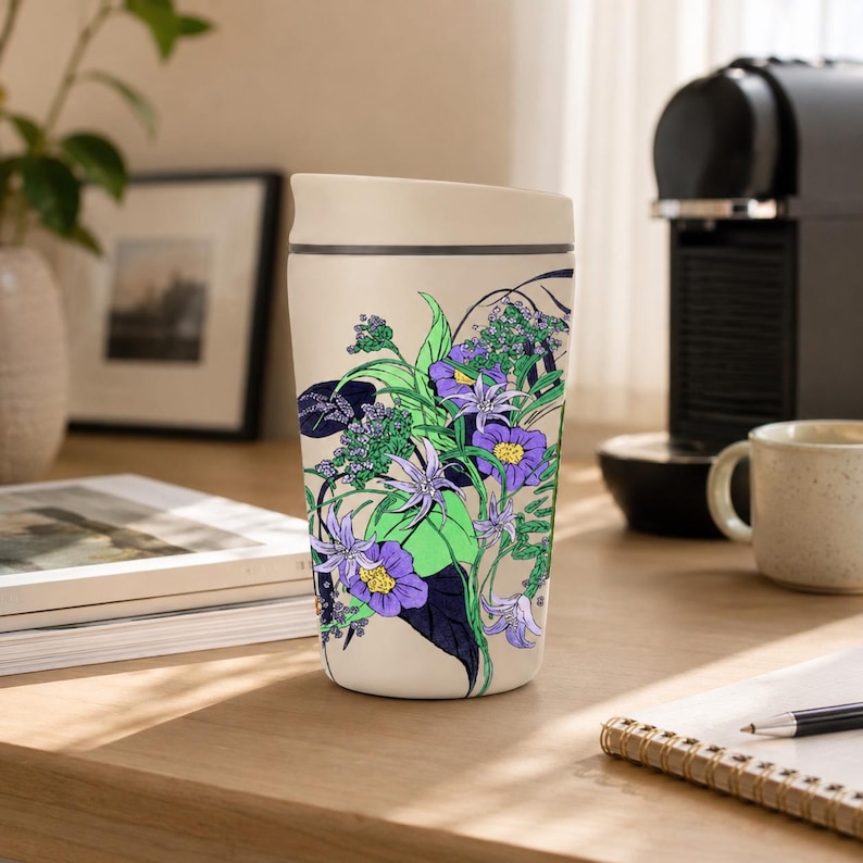 May include: A cream-colored travel tumbler with a lid, featuring a vibrant botanical illustration of purple, green, and dark blue flowers and leaves wrapped around the exterior. The design includes detailed floral petals and foliage.
