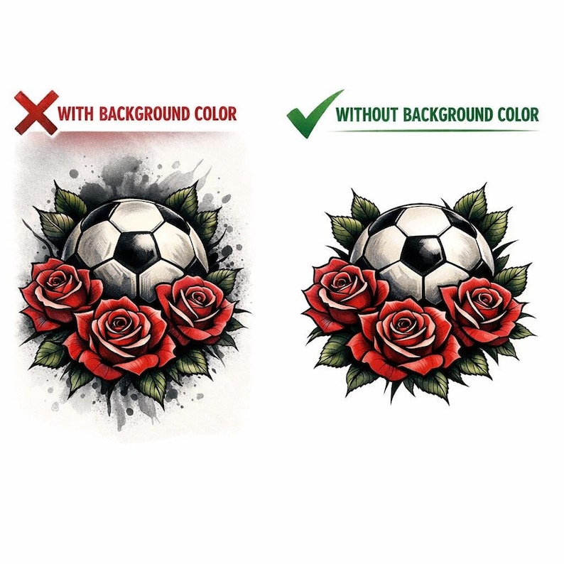 K&ouml;nnte beinhalten: Digitalillustration eines schwarz-wei&szlig;en Fu&szlig;balls, umgeben von drei roten Rosen und gr&uuml;nen Bl&auml;ttern. Das Bild hat einen Aquarell-Effekt, ideal f&uuml;r Sport- und Blumendesigns.