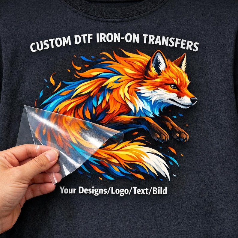 K&ouml;nnte beinhalten: Ein schwarzes Sweatshirt mit einem bunten Fuchsmotiv in Orange, Blau und Gelb. Der Text "CUSTOM DTF IRON-ON TRANSFERS" steht oben und "Your Designs/Logo/Text/Bild" unten. Eine Hand zieht eine transparente Transferfolie ab.