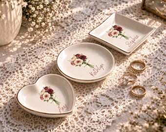 Personalized Ceramic Jewelry Dish, Pink Floral Bow, Gold Rim Trinket Tray