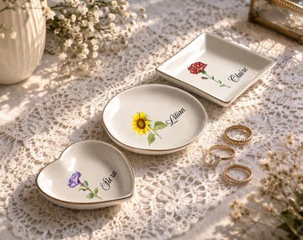 Custom Watercolor Birth Flower Ring Dish, Floral Trinket Dish, Bridesmaid Wedding Favors, Birthday Gift for Sister Mom, Best Friend Gift