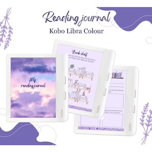 May include: Three white Kobo Libra Colour e-readers with different screens displaying a reading journal, a bookshelf illustration, and a journal page. The text "Reading journal" and "Kobo Libra Colour" are at the top. Lavender sprigs and purple accents complete the design.