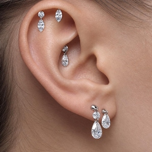 Moissanite Cartilage Stud Earrings, Pear cut Floating diamond,S925, Threadless Push Pin Cartilage Stud, Helix Tragus Piercing,Body jewellery