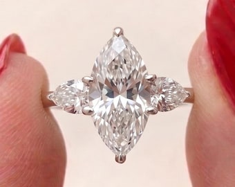 3CT Vintage Marquise Cut Moissanite Engagement Ring, Solid Silver Inlaid Moissanite Wedding Ring, Three-Stone Style, Diamond Promise Ring