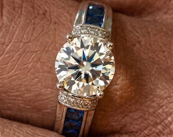 3CT Round Moissanite & Sapphire Ring with Blue Accents. 925 Silver Art Deco Engagement Ring, Vintage Wedding Band, Anniversary Bridal Ring