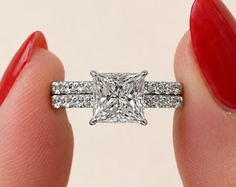 3ct Princess Cut Moissanite Bridal Set, 18K White Gold Plated 925 Sterling Silver Engagement Ring Set, Princess Cut Wedding Ring Set for Her