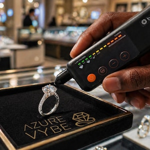 May include: A silver-toned ring with a large round-cut center stone and pav&eacute;-set side stones, resting on a black display tray labeled AZURE VYBE. A black electronic diamond tester with an orange power button and indicator lights is touching the stone.
