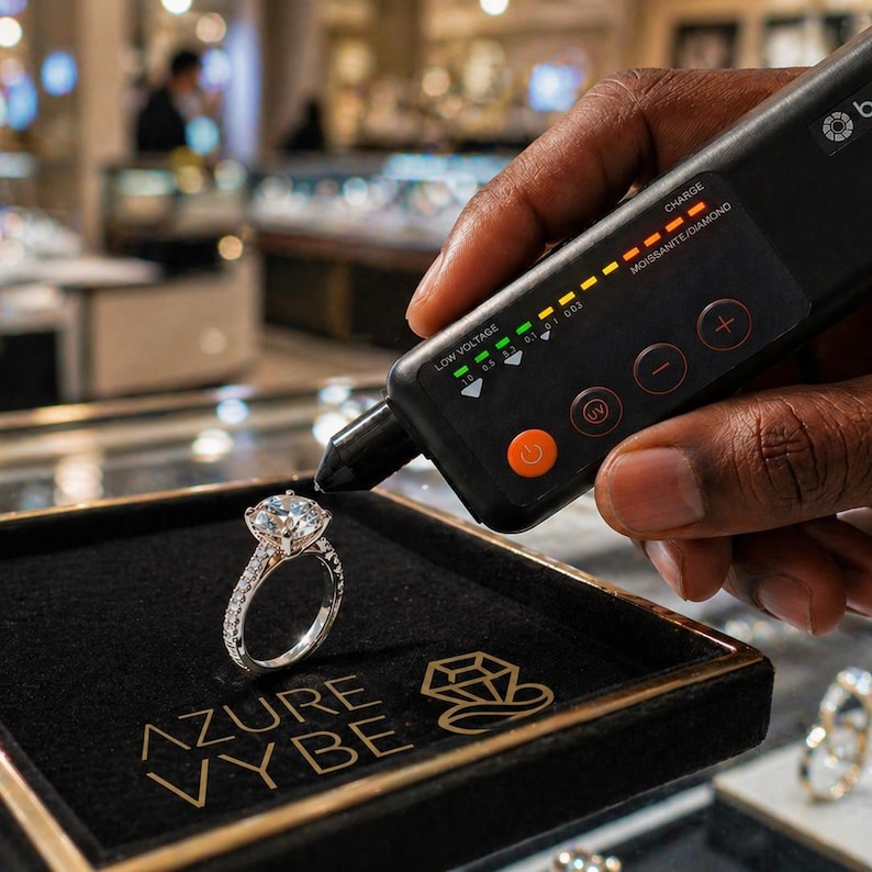 May include: A silver-toned ring with a large round-cut center stone and pav&eacute;-set side stones, resting on a black display tray labeled AZURE VYBE. A black electronic diamond tester with an orange power button and indicator lights is touching the stone.