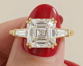 GRA Certified Asscher Cut Moissanite Ring 1CT 2CT 3CT D Color VVS1 in S925 Sterling Silver Three Stone Engagement Ring