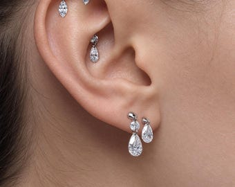 Moissanite Cartilage Stud Earrings, Pear cut Floating diamond,S925, Threadless Push Pin Cartilage Stud, Helix Tragus Piercing,Body jewellery