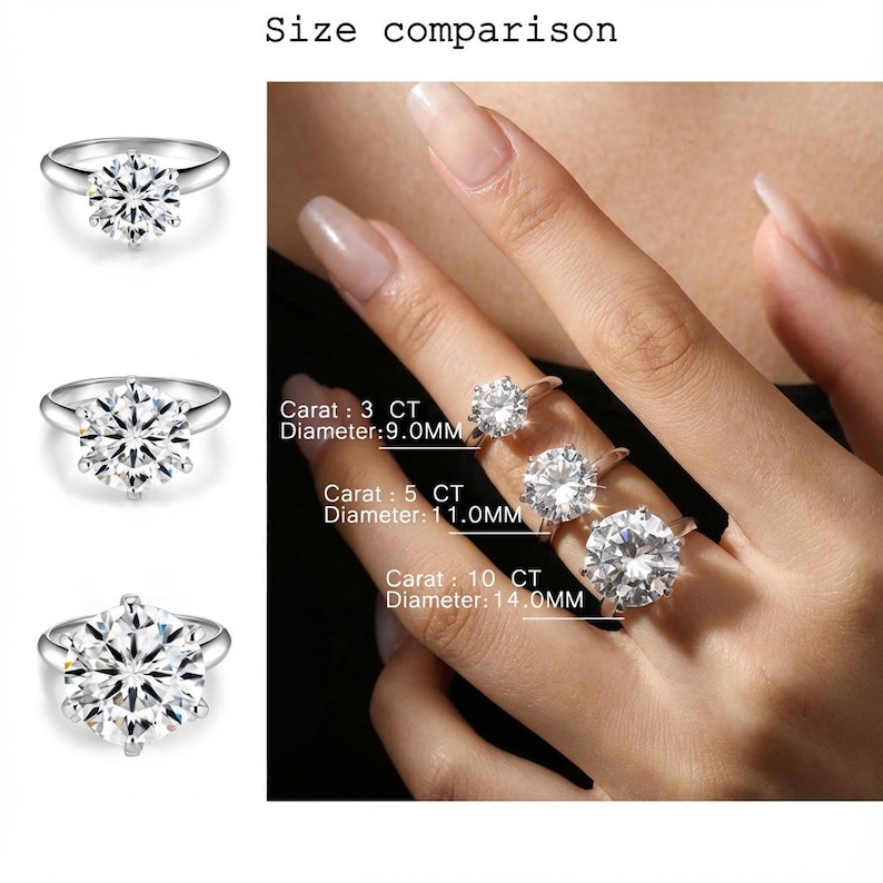 May include: Three silver-toned rings with round-cut clear stones in six-prong settings. Text labels indicate sizes: 3 CT with 9.0mm diameter, 5 CT with 11.0mm diameter, and 10 CT with 14.0mm diameter. The rings are displayed individually and on a finger.