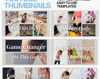 Può includere: Un'immagine promozionale per le miniature di YouTube. L'immagine presenta una griglia di miniature di esempio con il testo "Game Changer Do This Daily" sovrapposto. L'angolo in alto a sinistra ha il testo "YOUTUBE THUMBNAILS". L'angolo in alto a destra ha il testo "TEN FULLY EDITABLE EASY TO USE TEMPLATES".