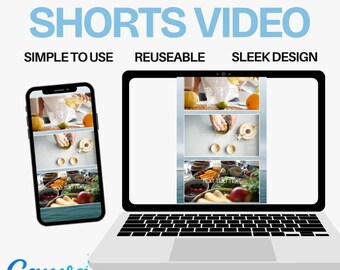 Op de afbeelding: Een laptop en smartphone die een video-tutorial weergeven. Het laptopscherm toont een video met drie segmenten. De smartphone spiegelt de video. Bovenin staat de tekst "YOUTUBE SHORTS VIDEO". Extra tekst is "EENVOUDIG TE GEBRUIKEN", "HERBRUIKBAAR" en "SLANK DESIGN". Het Canva-logo staat onderaan.