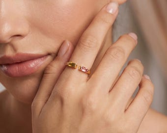 Double Birthstone Ring for Mom, Custom Two Stone Baguette Band, 14K Gold Plated Band, Multi Color Baguette Ring, Open Cuff Gemstone Ring
