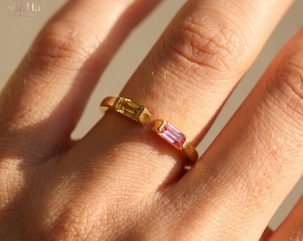 Baguette Eternity Style Open Ring, Minimalist Dainty Stacker, Tiny Baguette Ring, Custom Two Stone Baguette Band, Dainty Summer Jewelry Gift