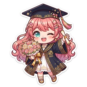 May include: A chibi-style character with long pink hair wearing a dark blue graduation cap and gown with gold trim. The gown features the text 2024. The character holds a bouquet of pink and white flowers and a rolled diploma, winking.