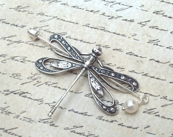Dragonfly Shawl Pin, Silver Dragonfly Scarf Pin, Silver Shawl Pin, initial, sweater pin, open wings, lapel pin, hat pin, spring fashion