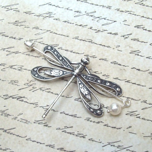 Dragonfly Shawl Pin, Silver Dragonfly Scarf Pin, Silver Shawl Pin, initial, sweater pin, open wings, lapel pin, hat pin, spring fashion