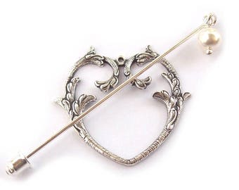 Small Victorian Heart Shawl Pin, Infinity Lapel Pin, silver shawl pin, stick pin, hat pin, fall fashion, silver scarf pin, open heart, pearl
