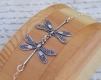 Silver Dragonfly Anklet, Sterling Silver Anklet, plus size bracelet, summer, spring fashion,  kissing dragonflies, dragon fly