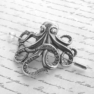 Silver Octopus Shawl Pin, Silver Stick Pin, Silver Shawl Pin, sweater pin, lapel pin, beach, goth, ocean, nautical image 4