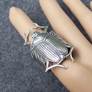 May include: A silver ring featuring a detailed beetle design with wings and legs. The beetle is intricately sculpted and has a textured surface.
