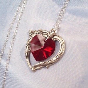 Ruby Necklace, Victorian Heart Necklace, valentines, sterling silver, siam ruby heart, crystal, July birthstone, fashion, siam red image 2