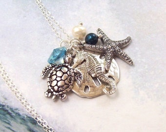 Seahorse Necklace, Sea Turtle Necklace, Sand Dollar Necklace, Starfish Necklace, Tropical Necklace, sterling silver, aqua, pearl, Swarovski