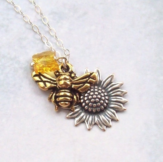 Gold Bee Necklace Sunflower Necklace yellow butterfly Etsy