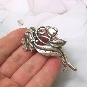 Flower Shawl Pin, Flower Scarf Pin, silver shawl pin, oxidized, silver, fall fashion, leaf, daisy