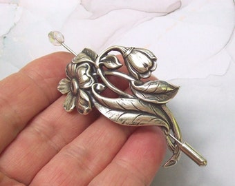 Flower Shawl Pin, Flower Scarf Pin, silver shawl pin, oxidized, silver, fall fashion, leaf, daisy