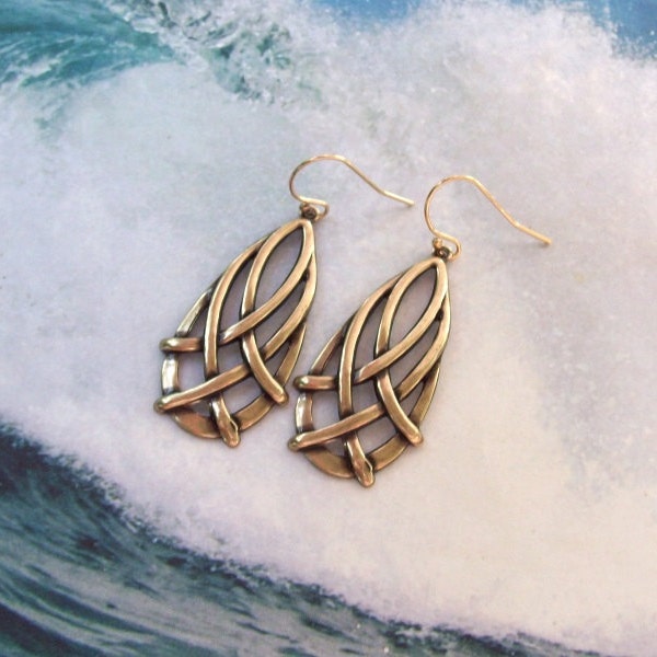 SALE Celtic Earrings, Gold Earrings, celtic weave, dangle earrings, vintage finish, 14K gold filled stamped, brass, fall fashion, bridal