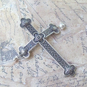 Silver Christian Cross ShawlPin, Large shawl Pin, celtic, sweater pin, victorian, sweater pin, ornate, brass, pearl