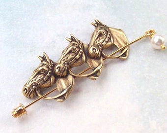 Gold Horse Shawl Pin, Gold Pin, gold shawl pin, horses, lapel pin, stick pin, brass, hat pin, brass, fall fashion, gold scarf pin, horse pin