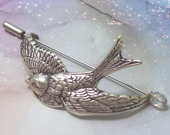 Silver Bird Shawl Pin, Bird Scarf Pin, Bird Sweater Pin, fall fashion, slide, hammered, ox silver, sparrow