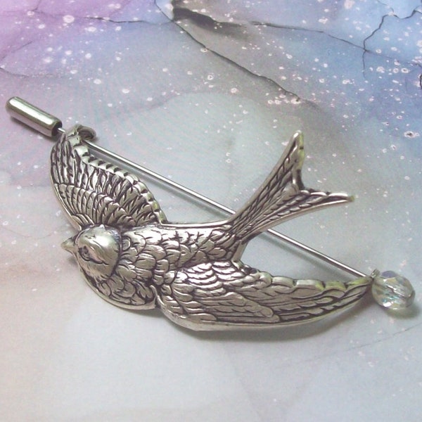 Silver Bird Shawl Pin, Bird Scarf Pin, Bird Sweater Pin, fall fashion, slide, hammered, ox silver, sparrow