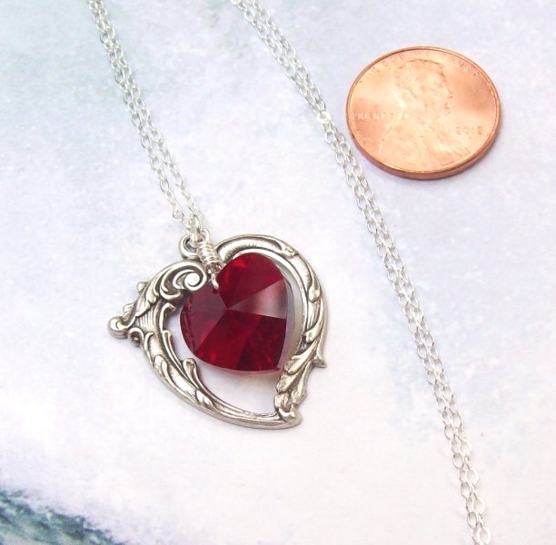 Ruby Necklace, Victorian Heart Necklace, valentines, sterling silver, siam ruby heart, crystal, July birthstone, fashion, siam red image 4