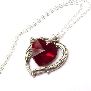 Ruby Necklace, Victorian Heart Necklace, valentines, sterling silver, siam ruby heart, crystal, July birthstone, fashion, siam red image 3