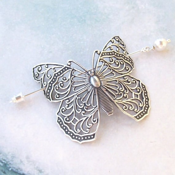 Butterfly Shawl Pin, Bug Lapel Pin, silver shawl pin, sweater pin, filigree, insect stick pin, silver butterfly, fall fashion, scarf pin