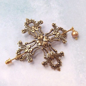 Gold Gothic Cross Shawl Pin, Gold Lapel Pin, Goth, shawl pin, celtic, sweater pin, brass, hat pin, fashion, brass, silver scarf pin