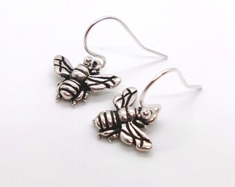 3D Silver Bee Earrings, bumblebee, honeybee, syetlong wires, insects, bug, silver earrings