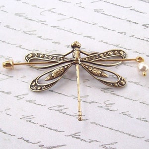 Gold Dragonfly Shawl Pin, Dragonfly Scarf Pin, Gold Shawl Pin, initial, sweater pin, open wings, lapel pin, hat pin, spring fashion, brass