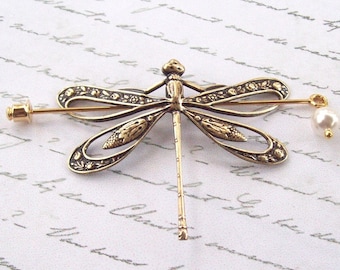 Gold Dragonfly Shawl Pin, Dragonfly Scarf Pin, Gold Shawl Pin, initial, sweater pin, open wings, lapel pin, hat pin, spring fashion, brass