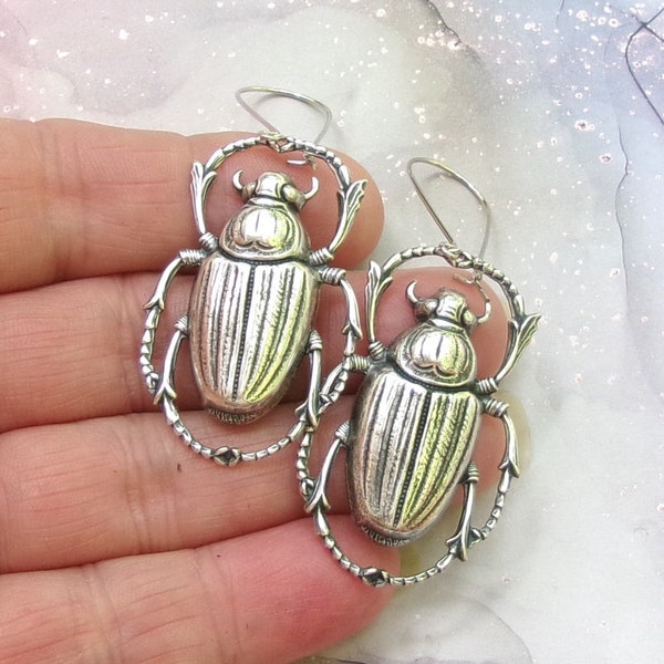 Lg Silver Scarab Earrings, Beetle Earrings, Dangle Earrings, rhodium, kidney, bug earrings, brass, vintage style, egyptian, silvet earrings