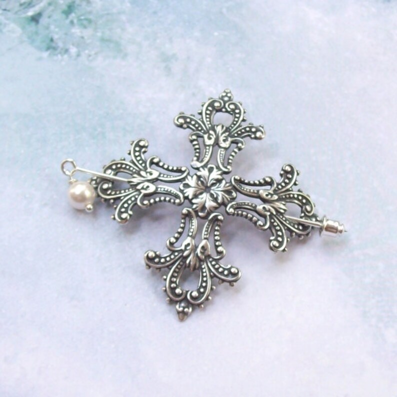Gothic Cross Shawl Pin Silver Lapel Pin Goth Hair Slide Etsy
